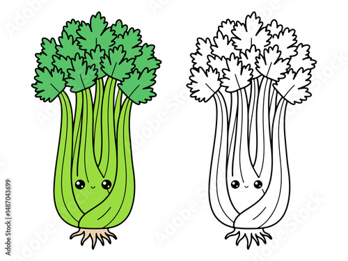 Cute cartoon celery illustration, one colored green and one in black and white for coloring. Simple vegetable drawing with kawaii face and leafy tops. Healthy food.