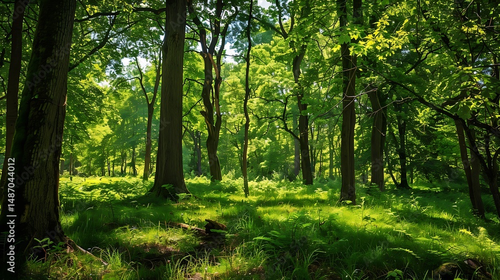 Fototapeta premium Lush Green Forest Illuminated By Sunlight With Dense Trees and Natural Vegetation