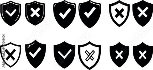 Collection of shield icons with check marks and crosses on a white background