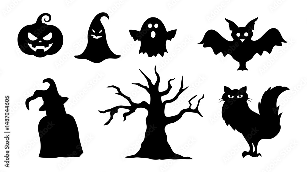 Fototapeta premium Halloween Spooky set vector art illustration such as pumpkin ghost bat black cat tree and a witch.