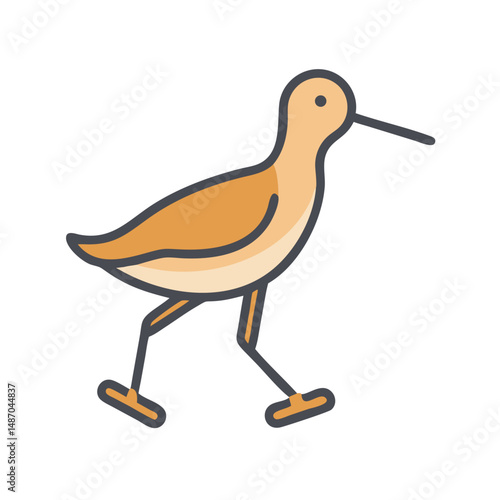 Stylized icon of a walking shorebird on black background