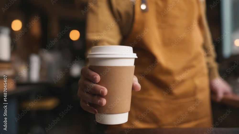 Closeup of a hand holding a disposable coffee cup in a cafe, featuring a mustard apron and blurred background. Closeup of a hand holding a disposable coffee cup in a cafe, featuring a mustard apron and blurred background.