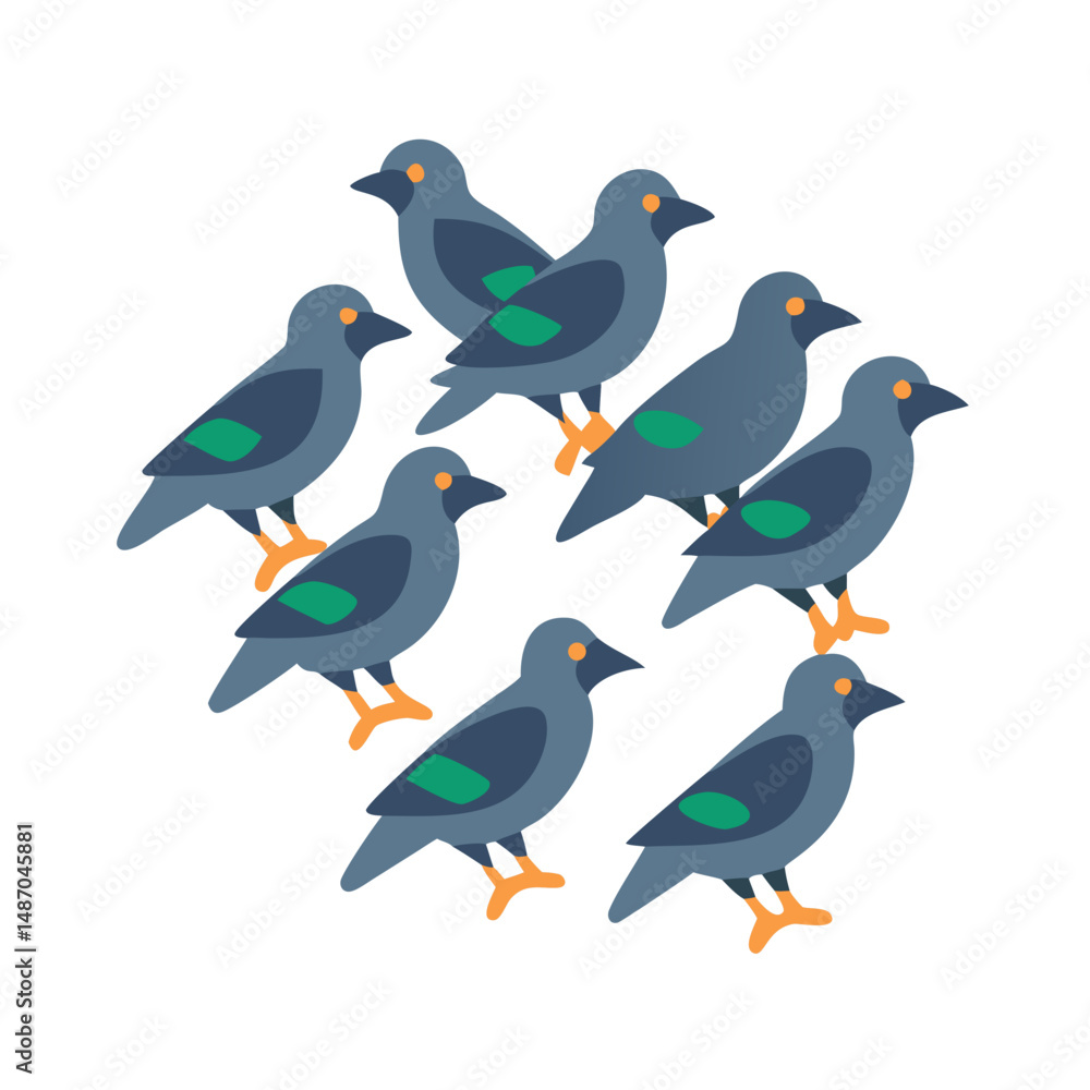 Obraz premium Seven stylized ravens forming a circular pattern against black