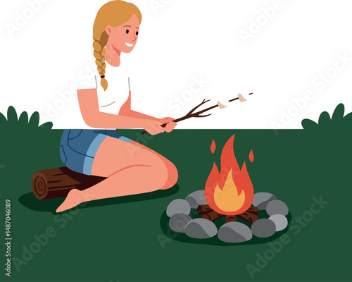 Girl roasting marshmallows on campfire with green grass and log vector illustration 