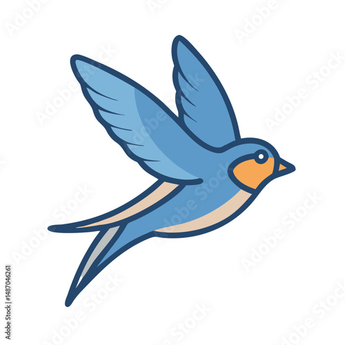 Stylized blue swallow bird in flight against black backdrop