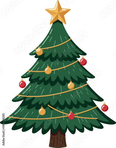 Christmas tree decorated with golden star and red and yellow baubles vector illustration 
