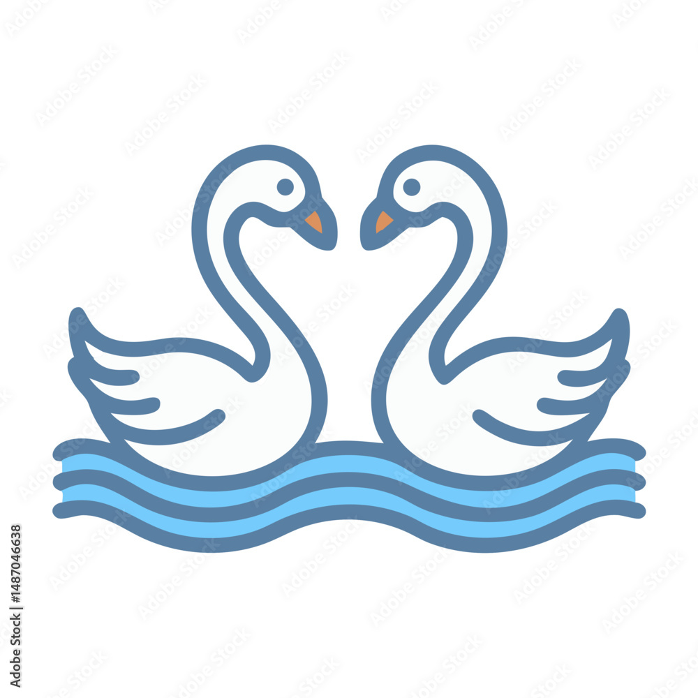 Stylized swans forming heart shape on blue water waves Stylized swans forming heart shape on blue water waves