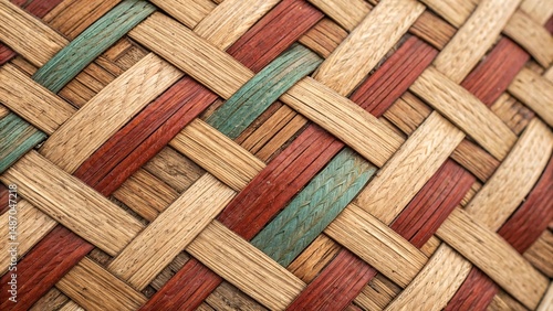 Closeup of a woven colorful bamboo weave texture.