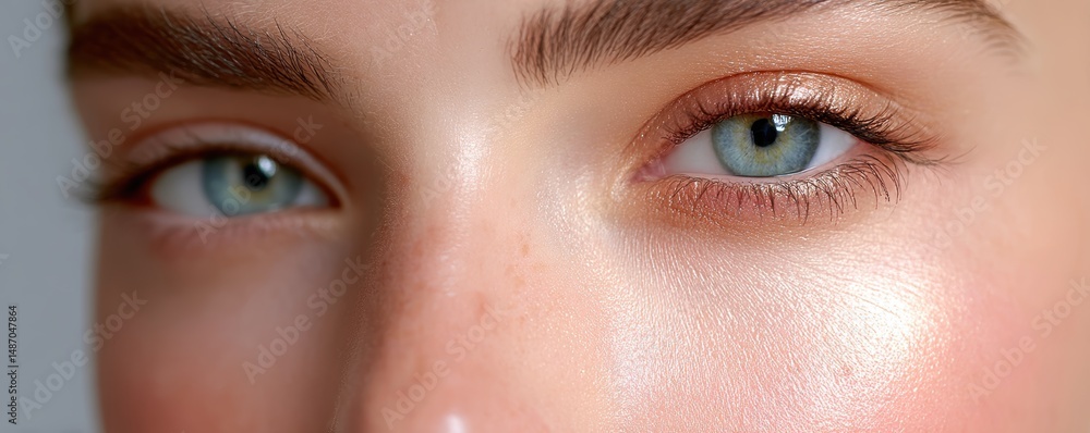 Fototapeta premium Close-up of a person's blue-green eyes, well-groomed eyebrows, and glowing, healthy skin with a natural makeup look.