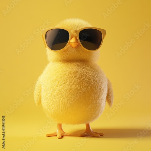 Cute chick wearing sunglasses against a vibrant yellow backdrop.