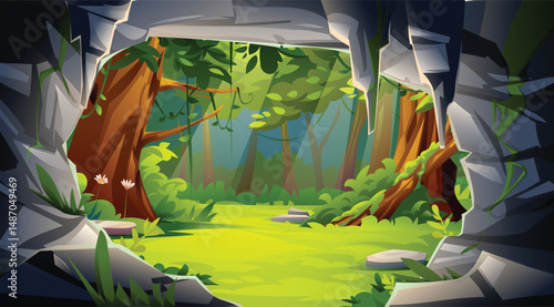 Jungle forest with trees and flowers viewed from rocky cave. Vector cartoon illustration