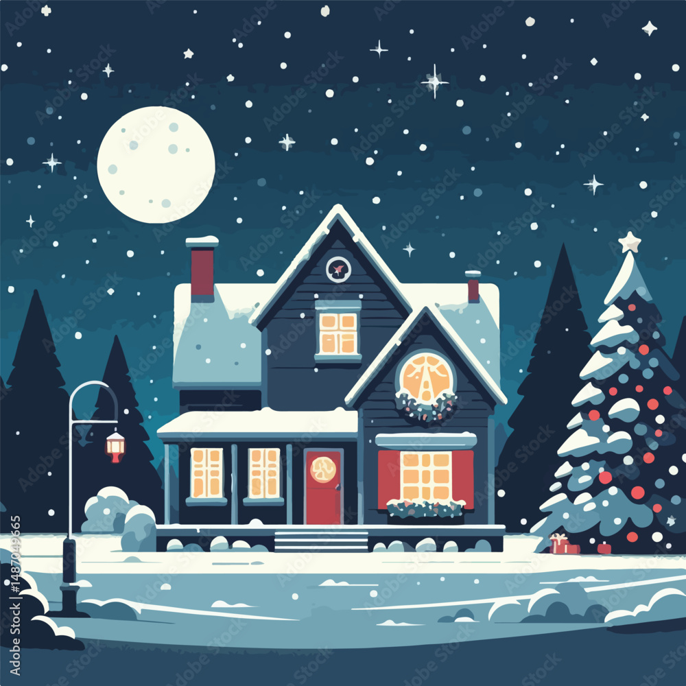 Fototapeta premium vector image of a snowy house on a beautiful christmas eve