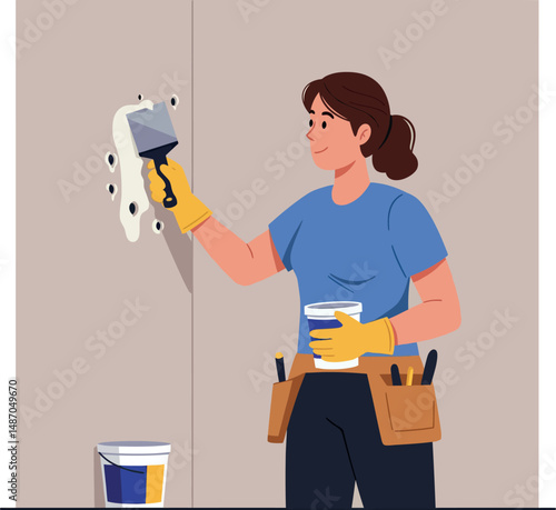 Woman using putty knife to repair wall with blue shirt and tool belt vector illustration