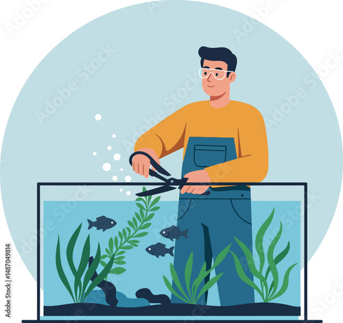 Man trimming plants in aquarium tank with fish and water bubbles vector illustration 