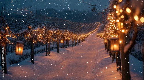 Lantern-lit skating trail weaving through a snowy vineyard glowing softly under softly falling snowflakes, Generative AI