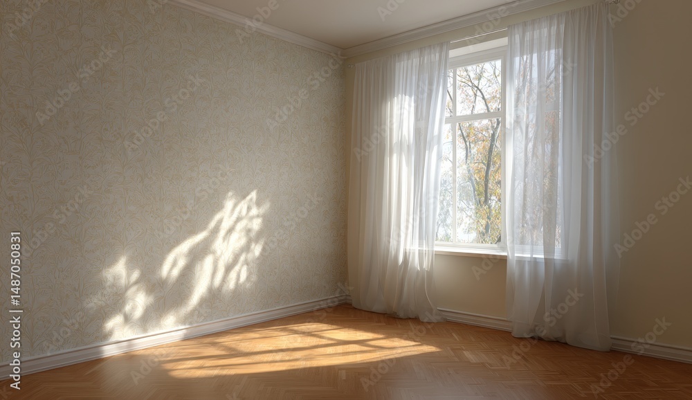 Fototapeta premium Sunlight streaming through sheer curtains in an empty room.