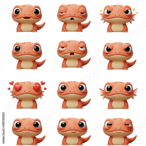 Collection of cartoon amphibian characters with different expressions