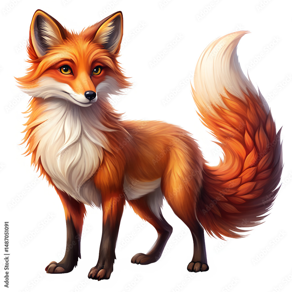 Fototapeta premium A stylized red fox with a bushy tail stands playfully 