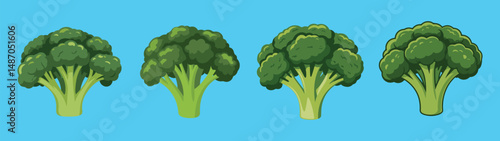 Broccoli Vector Illustration – Fresh Green Broccoli Heads in Flat Cartoon Style on Blue Background for Healthy Food, Nutrition, and Vegan Concepts