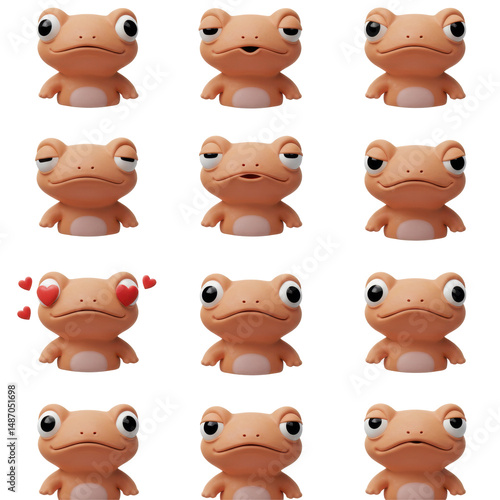 Collection of cartoon frog characters with various expressions on black background