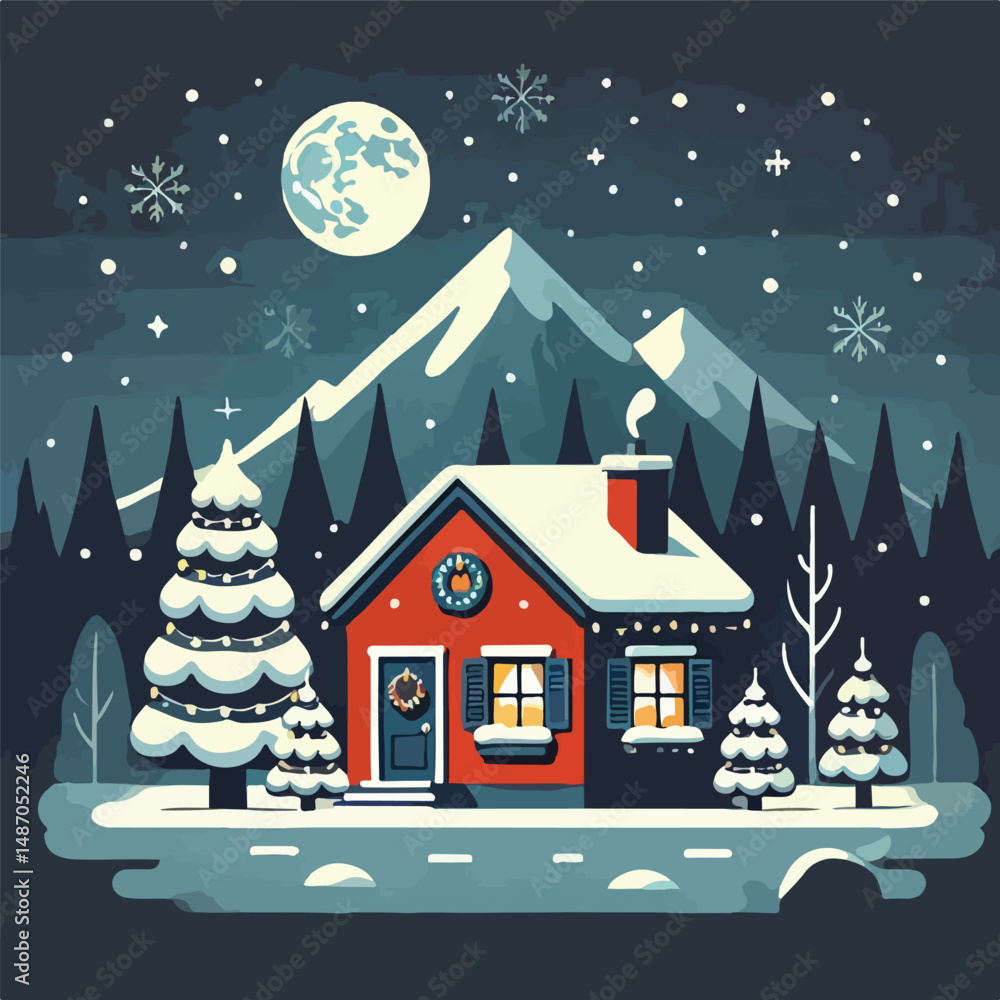 Fototapeta premium vector image of a snowy house on a beautiful christmas eve