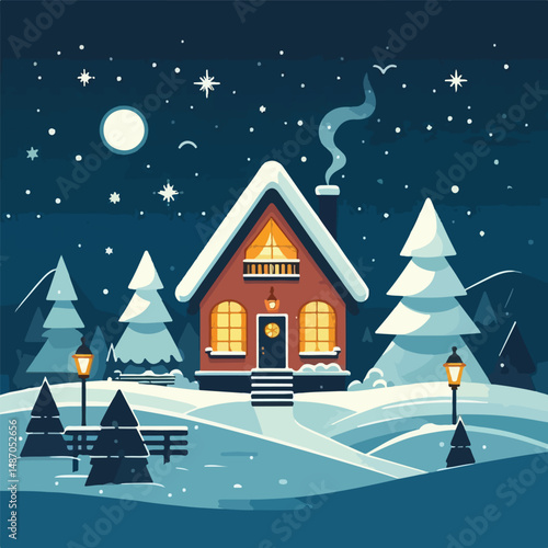 vector image of a snowy house on a beautiful christmas eve