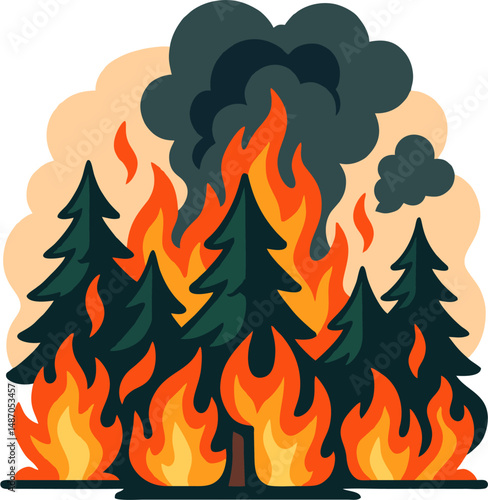 Flat Vector Illustration of Wildfire with Burning Pine Trees and Thick Smoke in Minimal Style