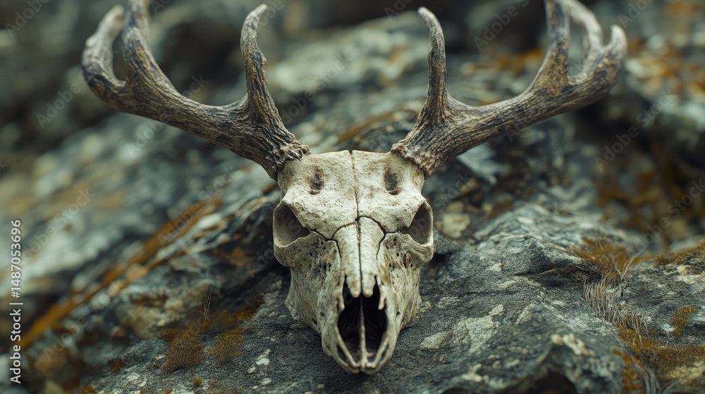 Deer skull with antlers lies on a mossy grey rock surface. Perfect for Halloween, nature, gothic, or wildlife themes. Deer skull with antlers lies on a mossy grey rock surface. Perfect for Halloween, nature, gothic, or wildlife themes.