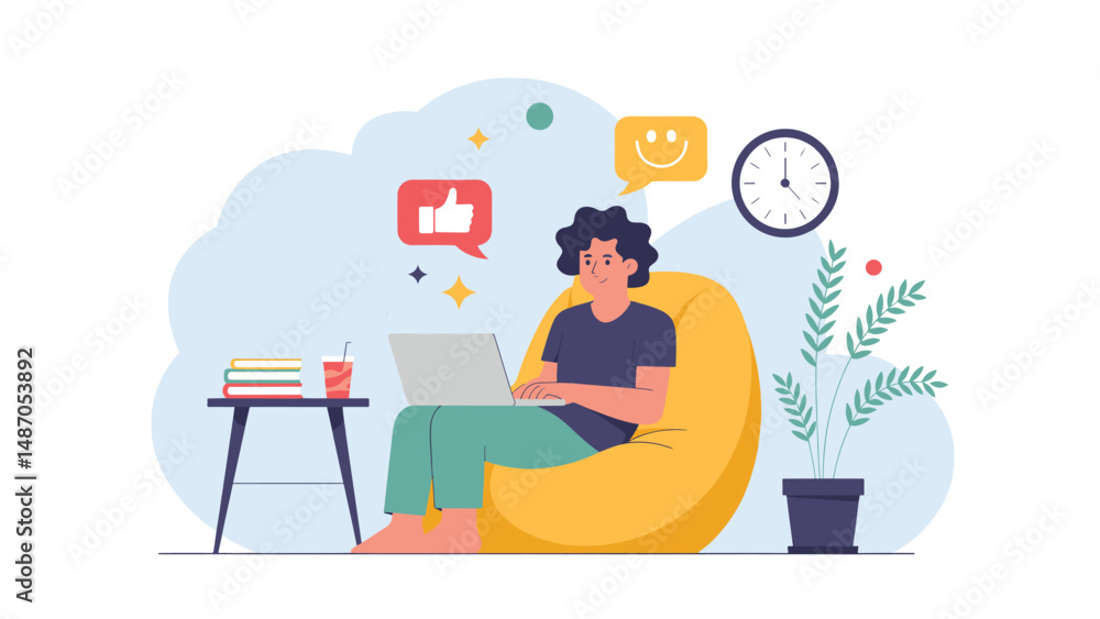 Fototapeta premium Remote Work and Social Media Engagement – Flat Vector Illustration of Person on Laptop with Like, Comment, and Message Icons in Modern Digital Workspace