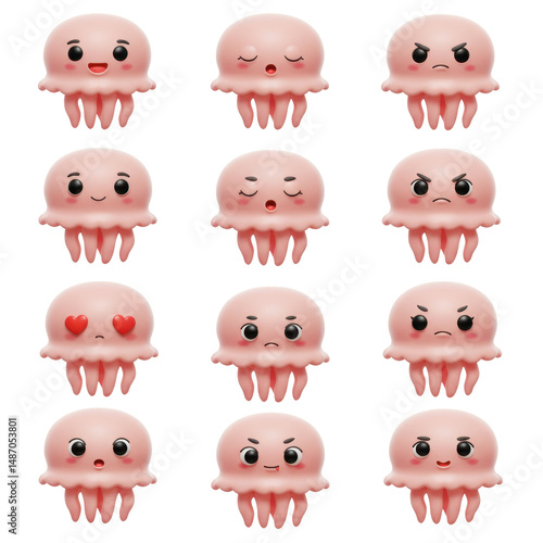 Jellyfish cartoon characters set with multiple expressions on black background