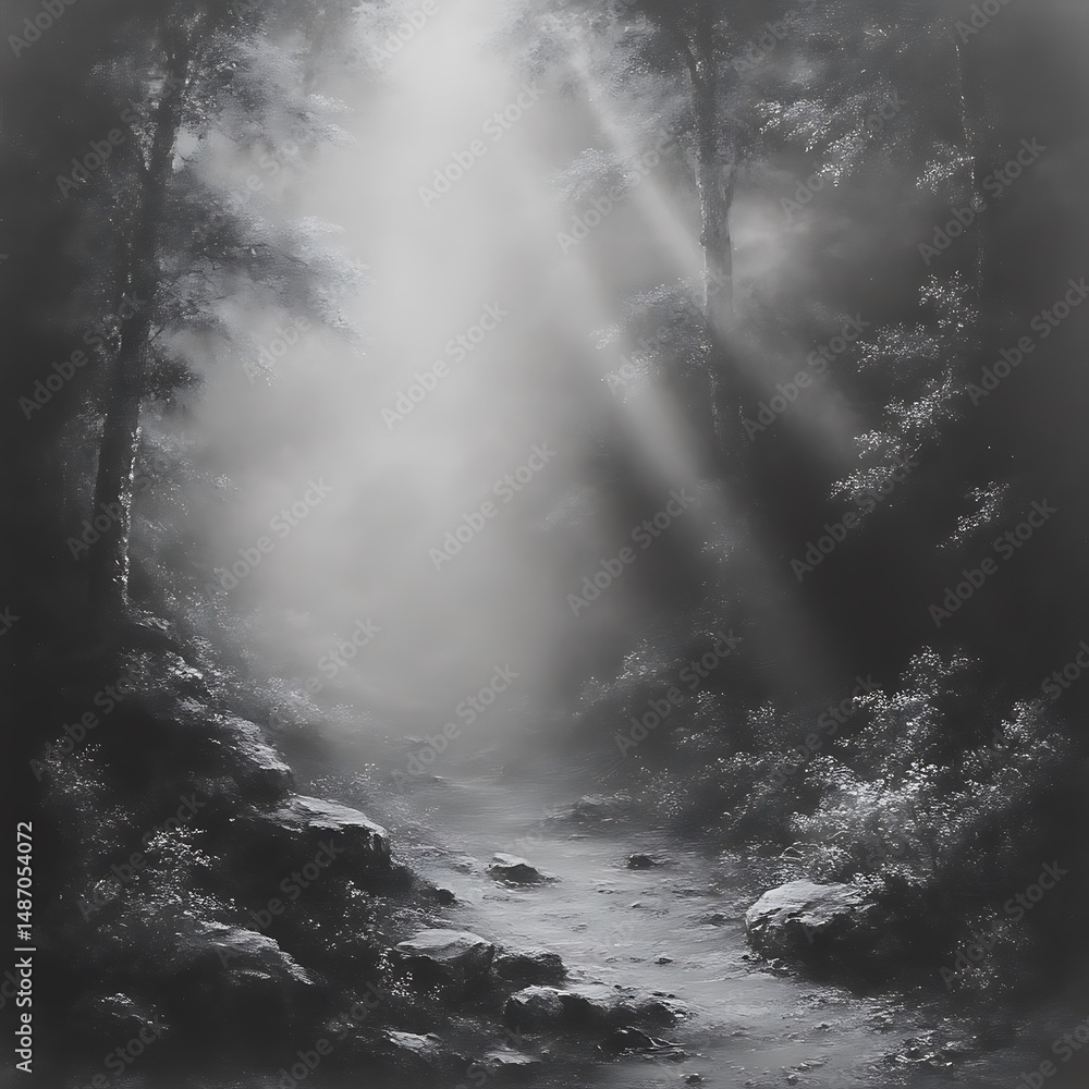 Fototapeta premium Misty forest path bathed in light