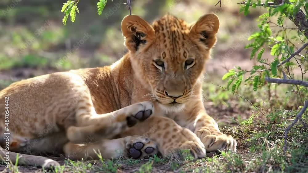 Cute lion cub resting in the grass, adorable wildlife scene. Cute lion cub resting in the grass, adorable wildlife scene.
