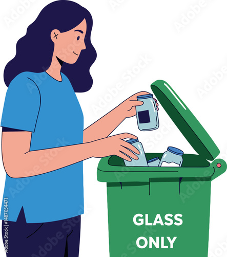 Woman recycling glass bottles in green bin promoting environmental awareness vector illustration 
