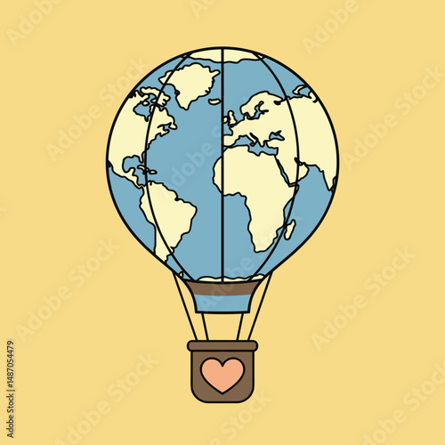Hot air balloon with a globe and heart on a yellow background