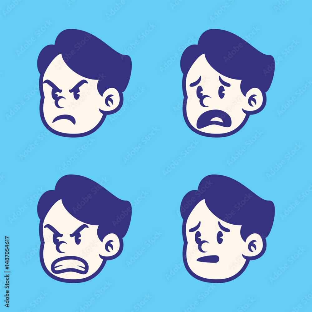 Cartoon boy face set with 4 expressive emotions: silly, laughing, playful, and surprised. Hand-drawn retro vector illustration on blue background. Perfect for stickers and t-shirt designs Cartoon boy face set with 4 expressive emotions: silly, laughing, playful, and surprised. Hand-drawn retro vector illustration on blue background. Perfect for stickers and t-shirt designs