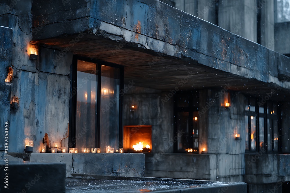 Cozy with rustic concrete home with glowing candles and a fireplace on a snowy night. Cozy with rustic concrete home with glowing candles and a fireplace on a snowy night.