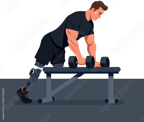 Man with prosthetic leg exercising with dumbbells fitness strength training vector illustration 