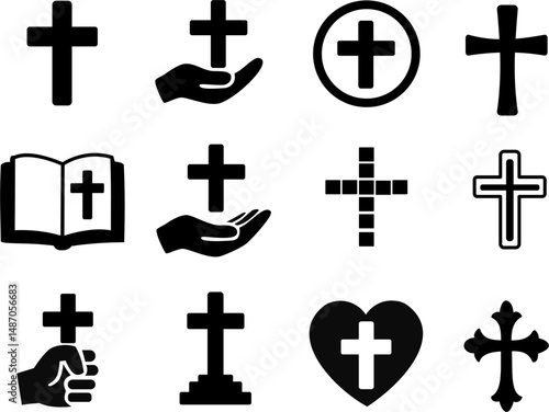 set of cross icons
Set of 12 vector illustrations of crosses and contains a cross sign, a hand holding a cross, a heart with a cross, and a book with a cross on a white background