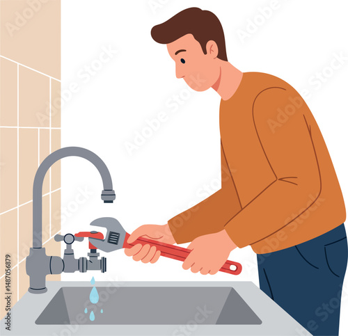 Man fixing leaking faucet with wrench in kitchen sink vector illustration 
