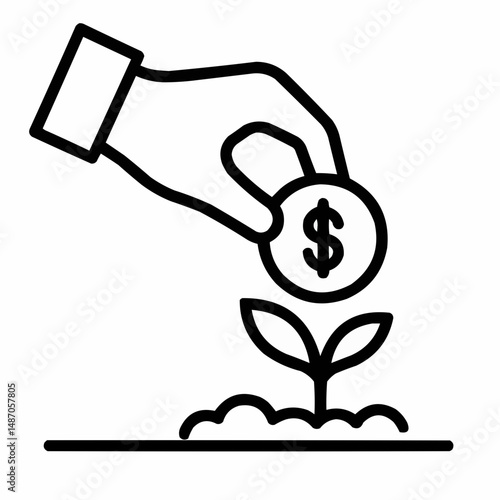 Outlined hand planting a coin into the ground — long-term investment growth.