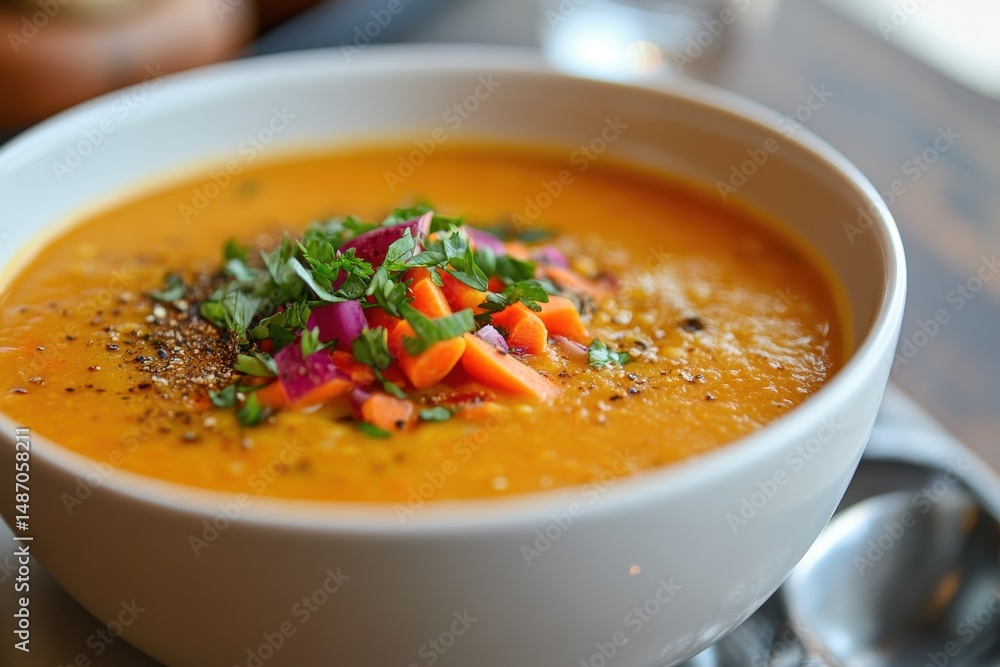 Close-up shows bright orange soup topped with herbs, carrots, and red onions. This vibrant image can represent healthy eating, cooking, and seasonal menus. Close-up shows bright orange soup topped with herbs, carrots, and red onions. This vibrant image can represent healthy eating, cooking, and seasonal menus.