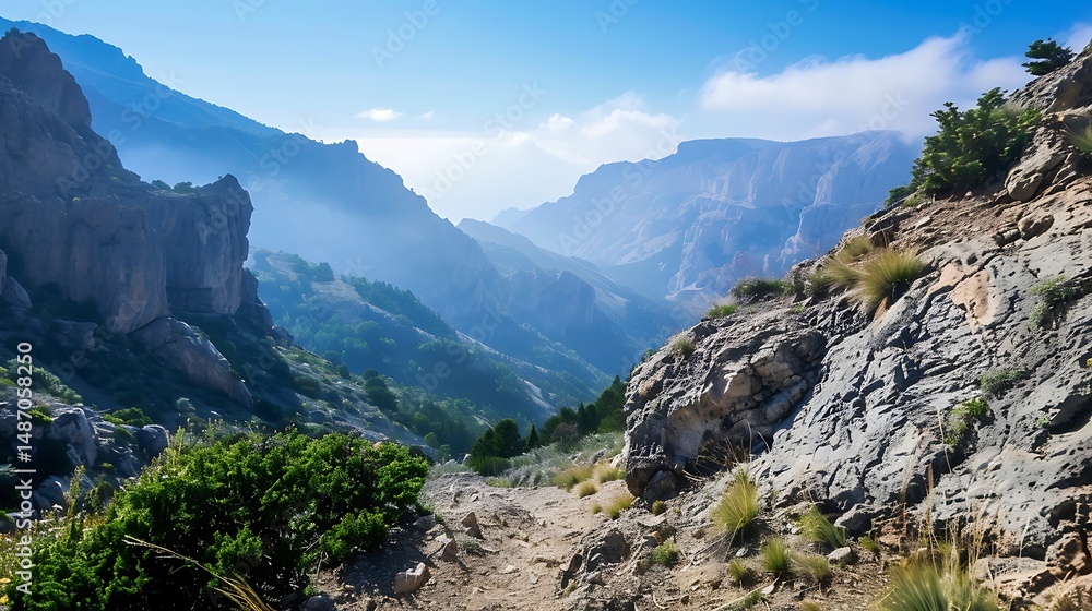 Naklejka premium Majestic Mountain Valley View With Blue Sky Sunlight And Lush Green Vegetation