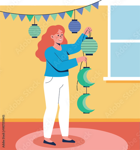 Woman hanging paper lanterns for festive decoration in bright room vector illustration 