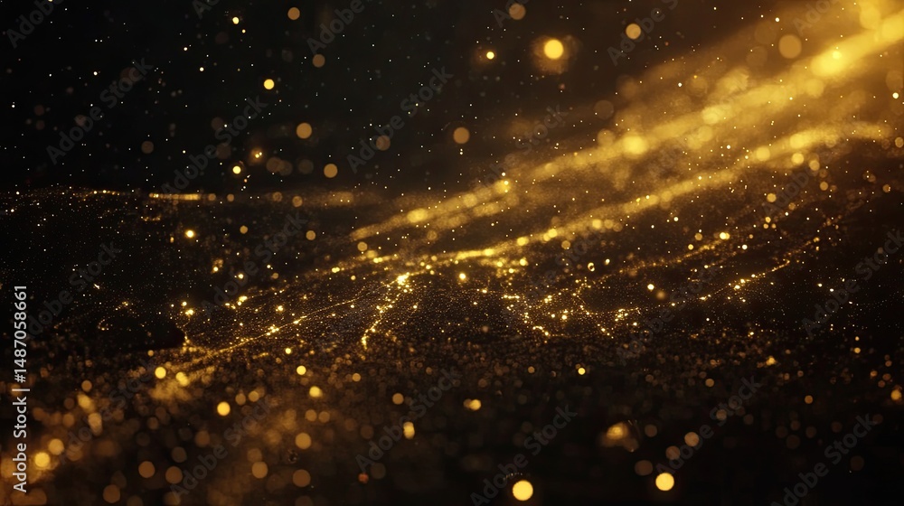 Naklejka premium Golden particles diffuse across a dark backdrop.