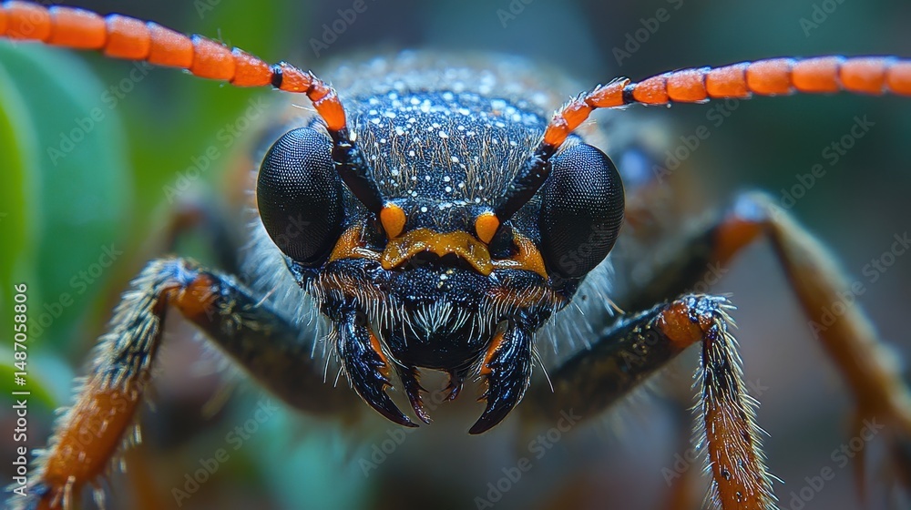 Fototapeta premium Extreme macro shot of a beetle with large eyes and orange antennas. Useful for illustrating entomology, nature, science, and insect themes.