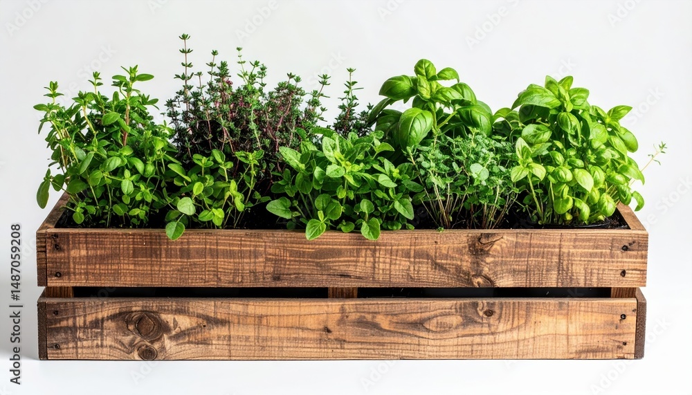 Fototapeta premium Fresh Herb Garden in Rustic Wooden Planter Box A Vibrant Collection of Basil Thyme Oregano and Mint