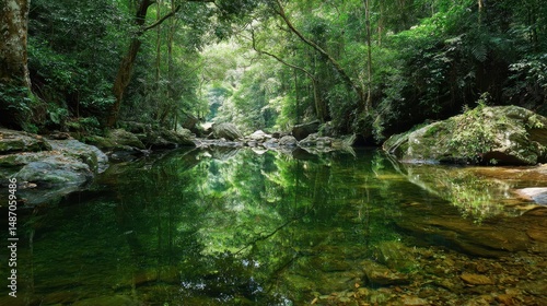 Tranquil Nature Scene with Lush Green Trees, Still Water, and Rocky Landscape in a Serene Forest Setting