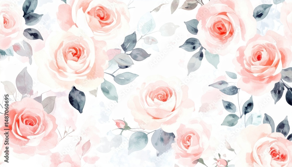 Fototapeta premium Delicate Watercolor Roses Seamless Pattern Elegant Floral Design Romantic Peach Blush Pink Flowers Background
