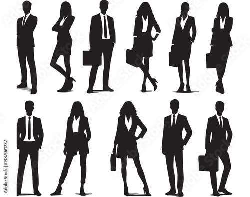 Professional Business People Silhouette Vector Set Featuring Male and Female Executives in Standing Poses with Briefcases – Ideal for Corporate, Office, Teamwork, and Leadership Concepts