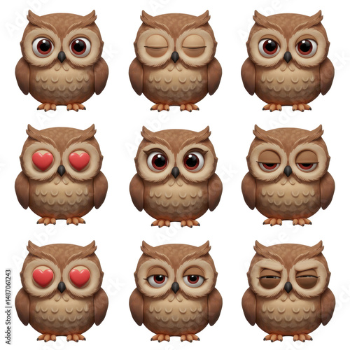 Cartoon owl illustrations set with various expressions on a black background